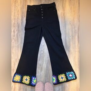 Upcycled design Black Flared Bottoms with Colorful Crochet Trim